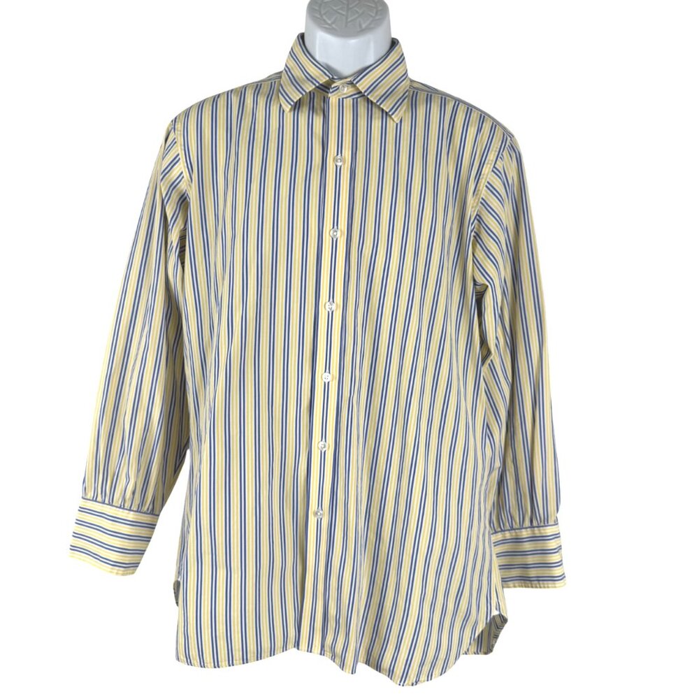 Turnbull & Asser Dress Shirt Mens Size 16 Striped Yellow White Blue TP-3609‎